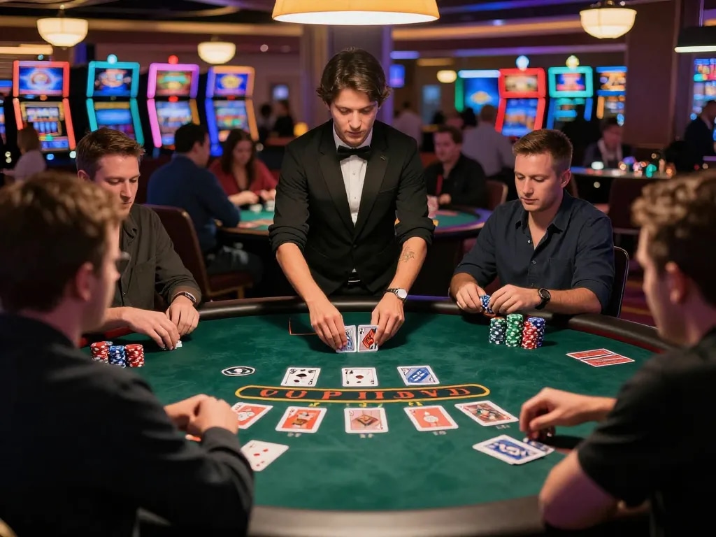 Players strategizing at an engaging blackjack table in Canadian online casinos, showcasing vibrant action and chips.