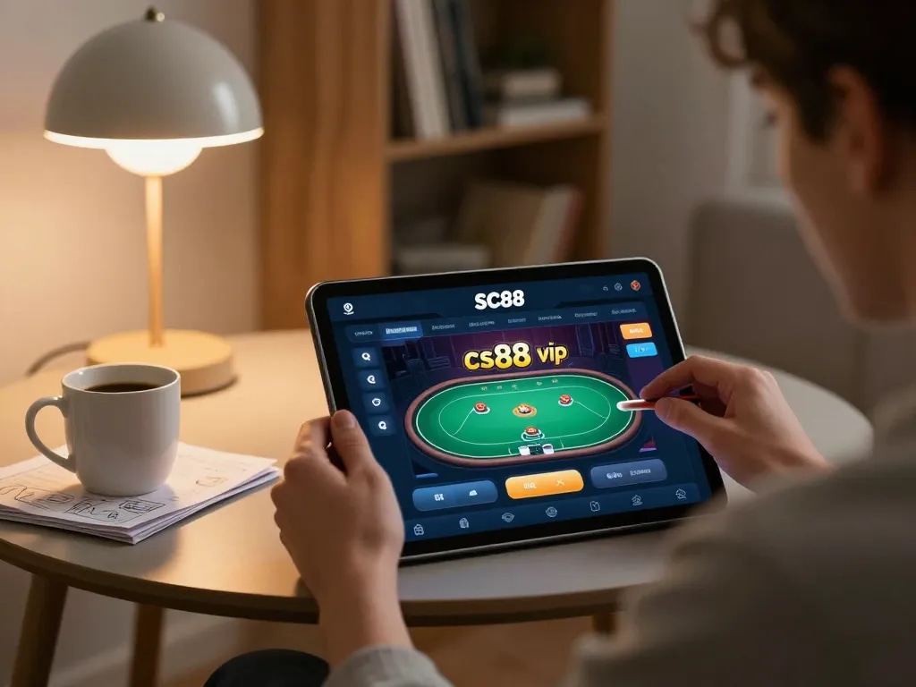 Engaging in cs88 vip poker on a tablet in a cozy home setup, highlighting strategic gameplay.