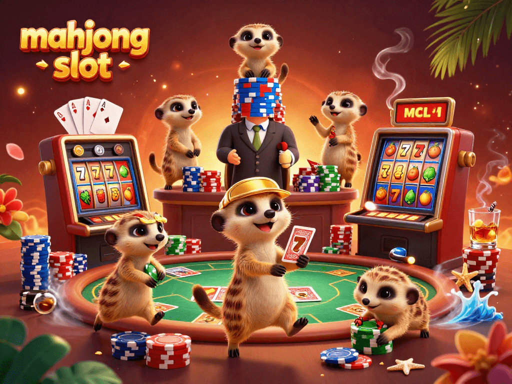 Experience the excitement of mahjong slot with playful meerkats amid vibrant casino elements.