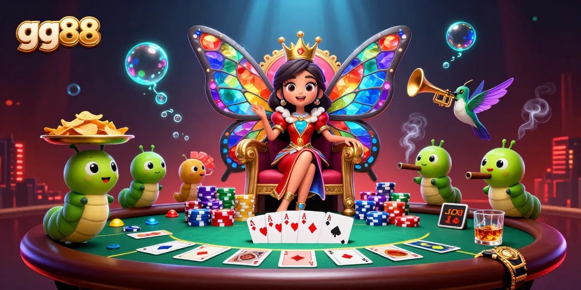gg88 features a vibrant 3D scene of online gaming with a butterfly queen and poker elements.