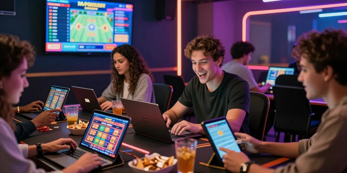Friends celebrating while playing MPOCASH online games at night.