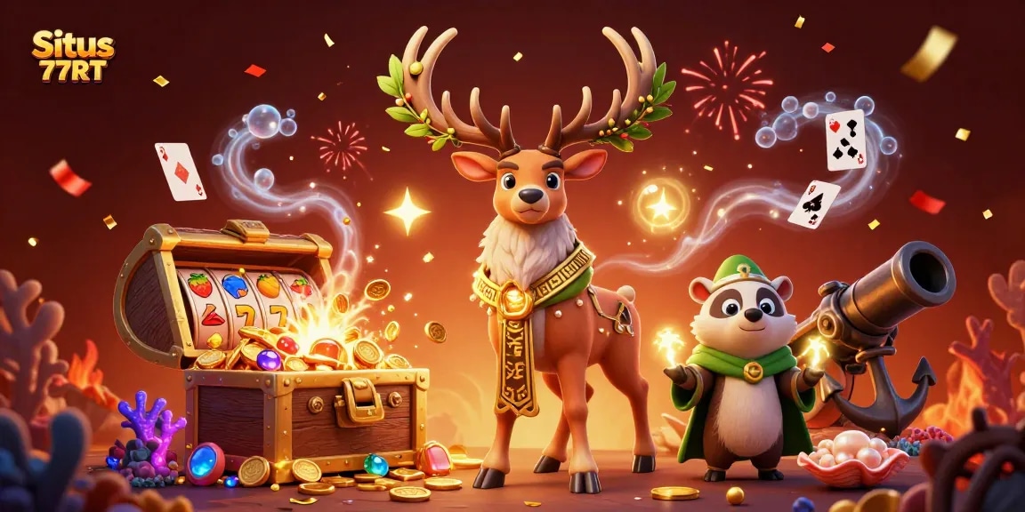 Spin and win with Situs 77RT's immersive 3D casino illustration featuring exciting slot elements and vibrant characters.