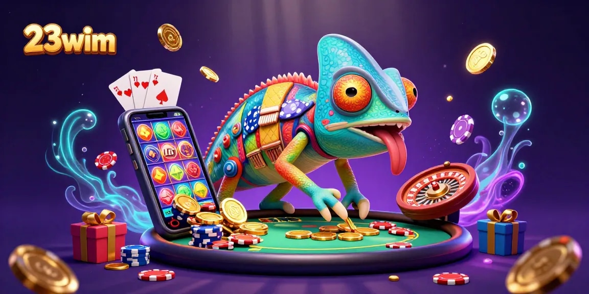 Engage with 23wim through vibrant casino scenes featuring a chameleon owner and exciting games.