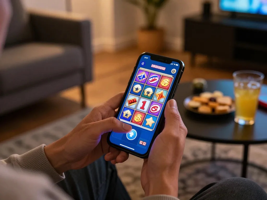 Person enjoying online slot games on smartphone, engaging with colorful link slot features comfortably at home