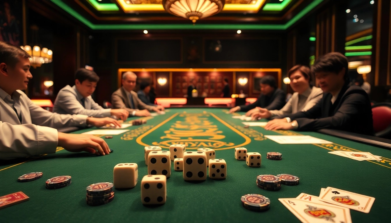 Players engaging in a thrilling game tài xỉu at an upscale casino table full of excitement.