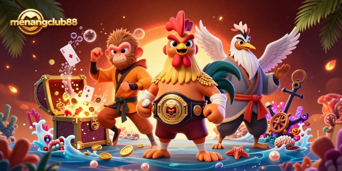 Experience winning adventures with menangclub88 through vibrant gaming characters in a thrilling casino illustration.