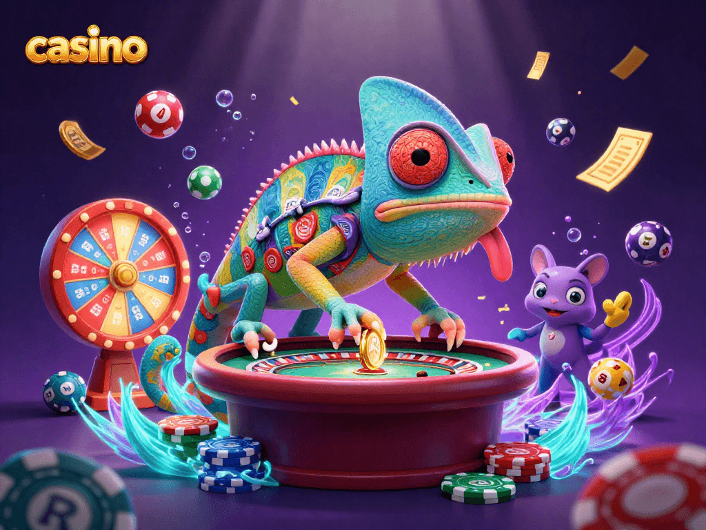 Engaging casino scene with a chameleon mascot snapping golden coins amid colorful lottery balls and vibrant elements.