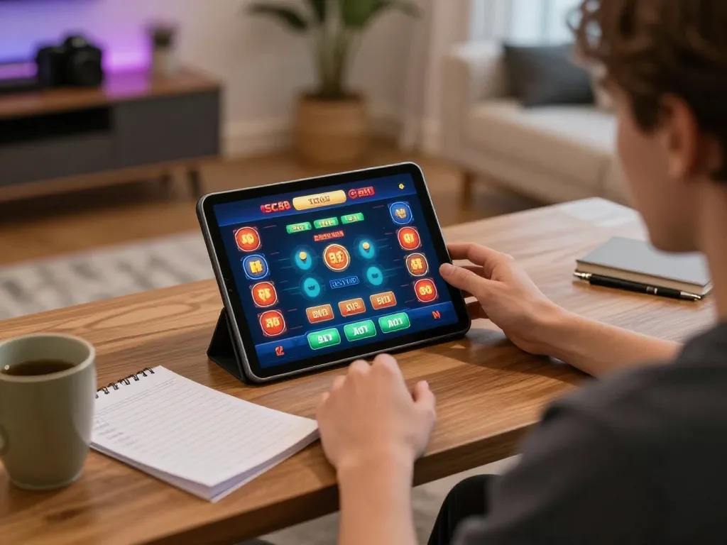 Engaging user playing SC88 casino game on tablet, capturing thrilling online gambling experience
