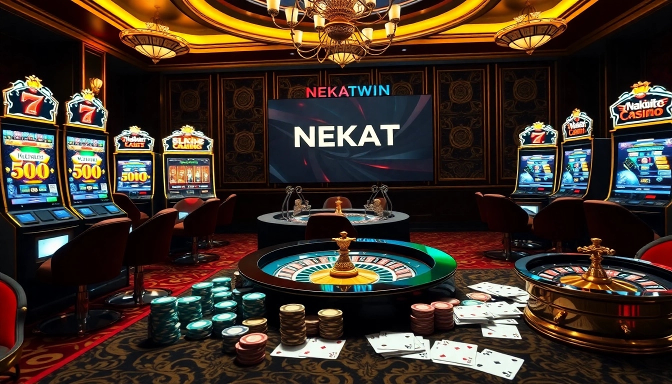 Engaging scene of online gambling with vibrant slot machines and digital interface, highlighting daftar nekatwin.