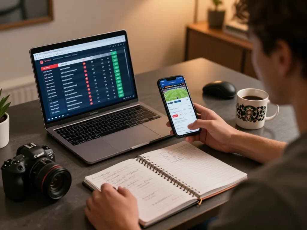 Engaging with kèo bóng đá hôm nay on a laptop, surrounded by strategic betting notes and a smartphone.