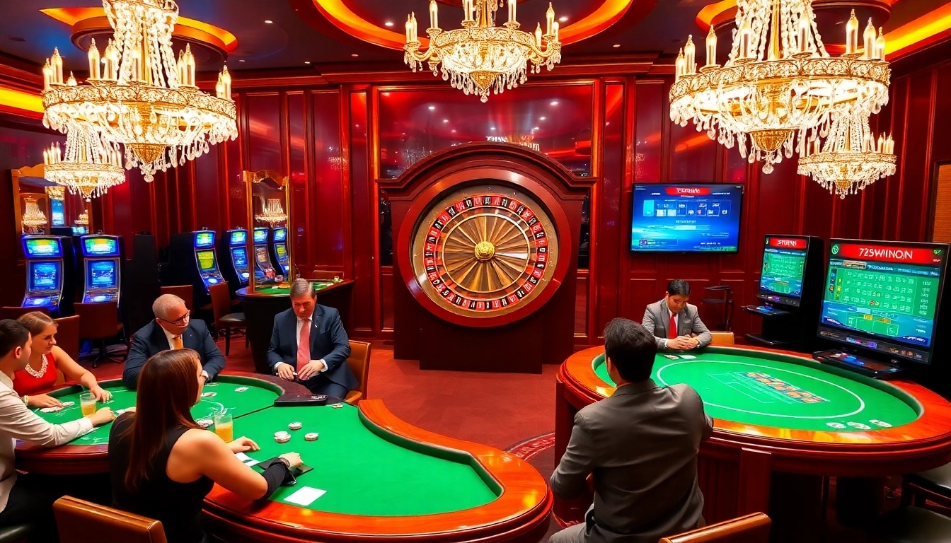Players enjoying casino games at 789win, showcasing poker tables and vibrant roulette wheels.