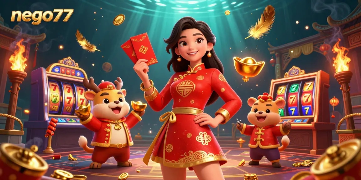 Experience winning moments at nego77 with a vibrant Lunar New Year casino scene filled with dynamic game elements.