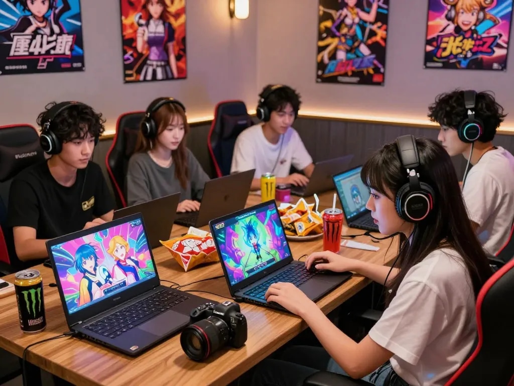 Gathering of friends enjoying porngames in a lively lounge, featuring laptops and vibrant visuals.