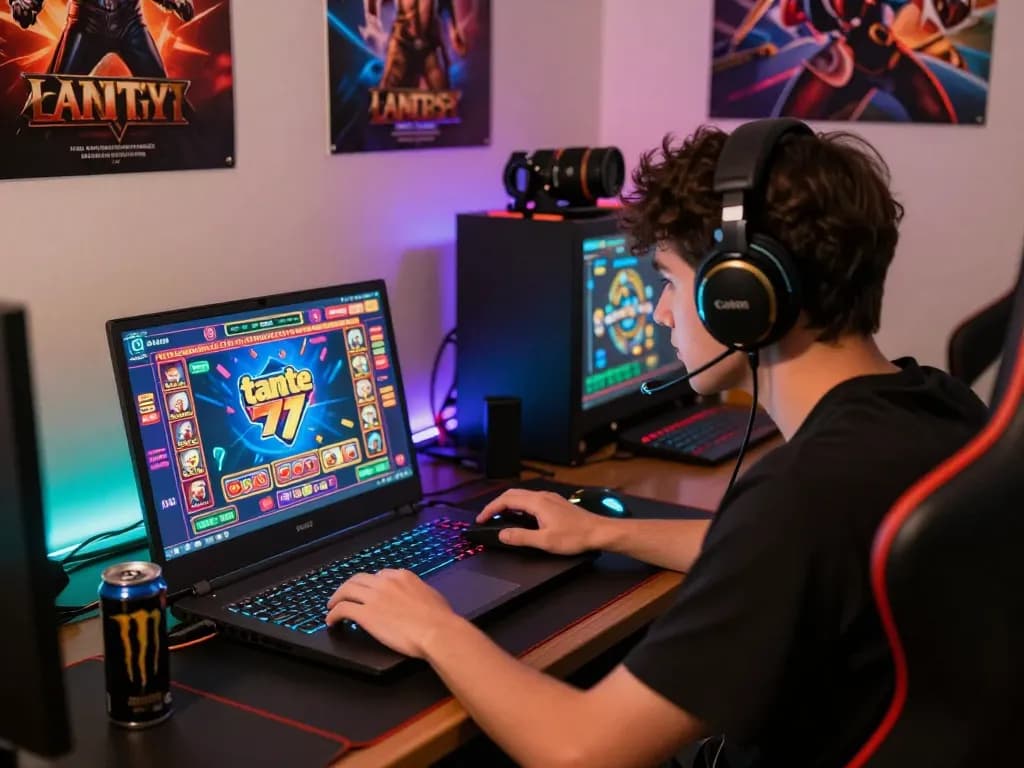 Tante77 online gaming scene featuring an intense player engaged in casino games, vibrant setup with colorful LED lights.