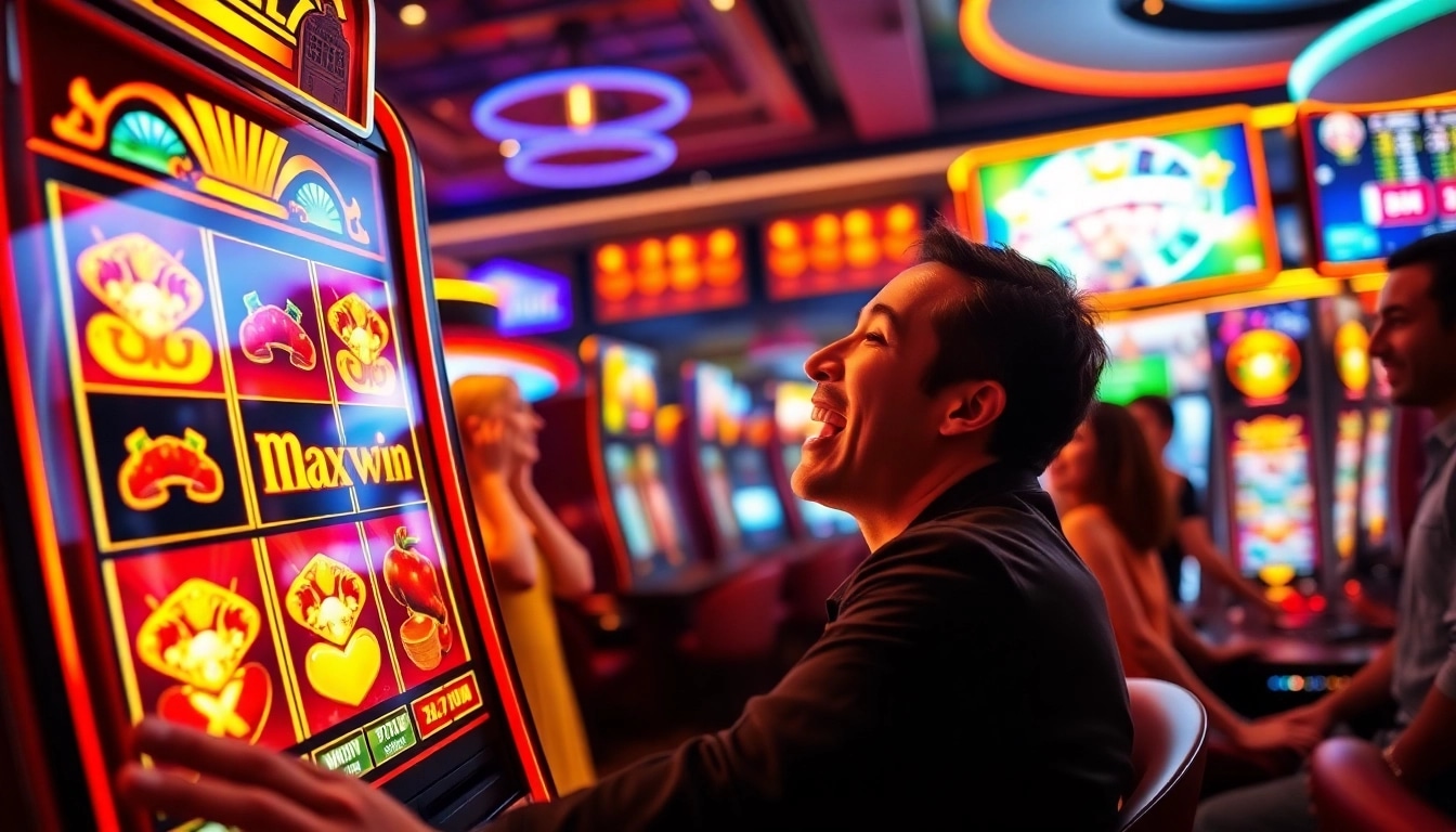 Menang besar dengan slot maxwin pada mesin slot yang penuh warna dan pemain yang gembira.