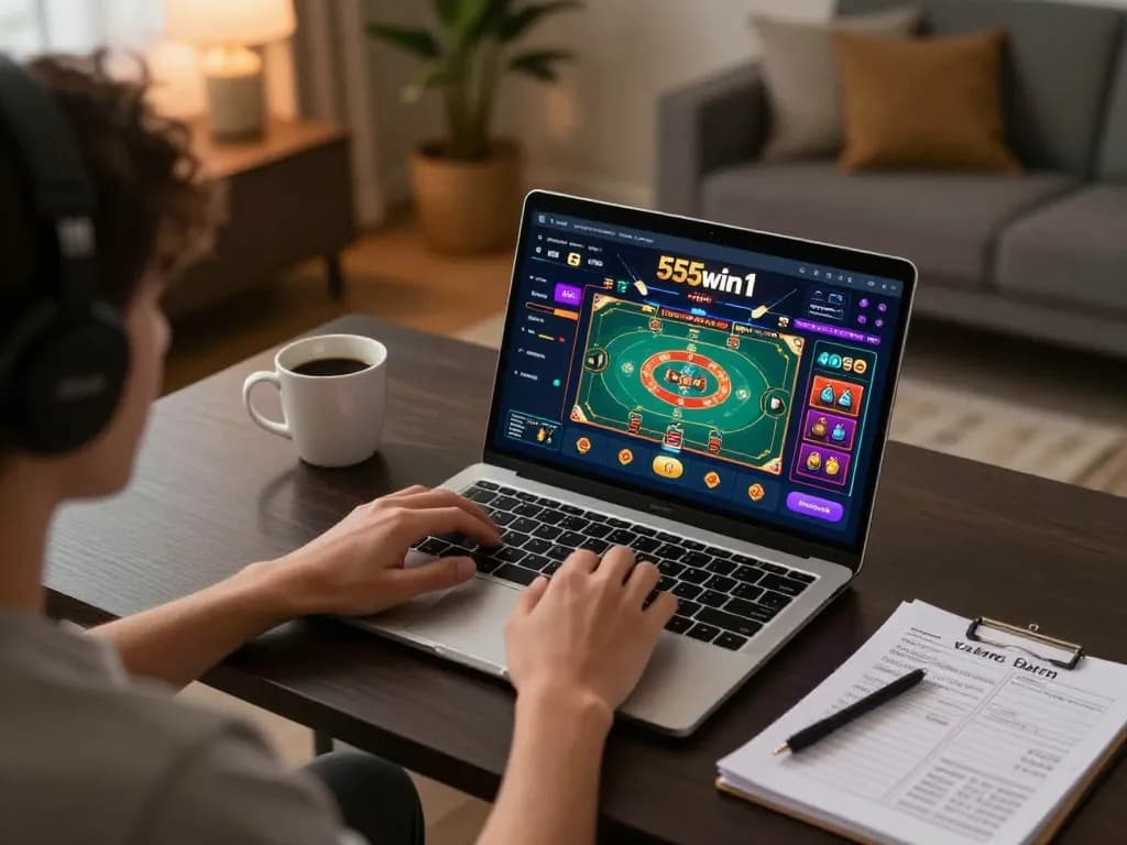 Engaged gamer enjoying 555win1 online casino experience on their laptop with strategy notes.
