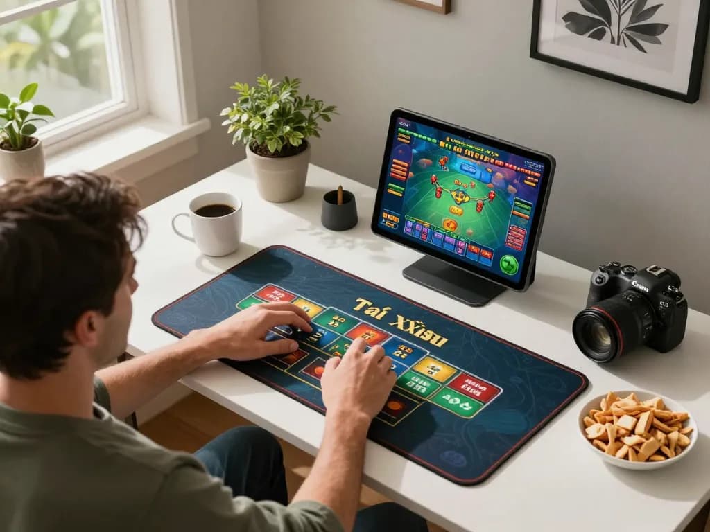 Engaged player enjoying tài xỉu online at home, showcasing gaming setup with vibrant interface