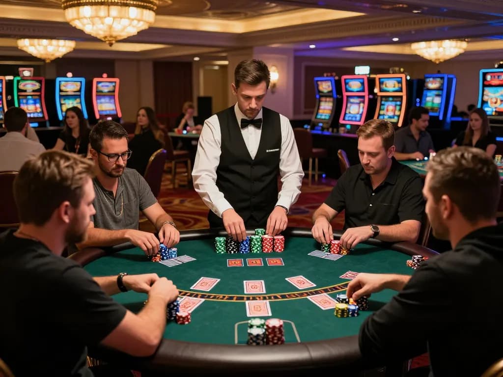 Players engaging in an exciting IWIN blackjack game at a vibrant casino, showcasing dealer action and dynamic gameplay.