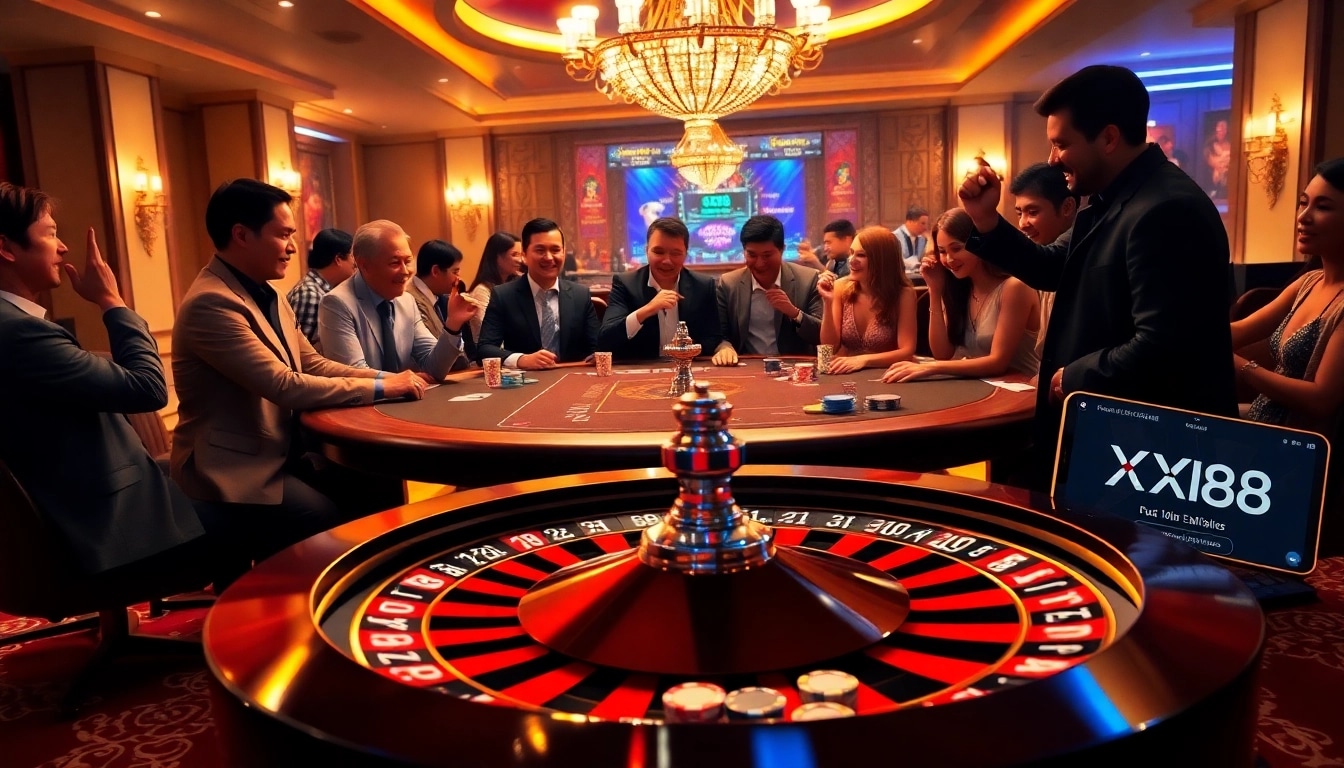 Players enjoying a high-stakes poker game at XX88 casino, showcasing excitement and thrilling visuals.