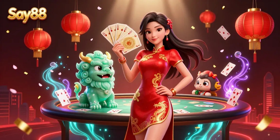 Win big at Say88 with this vibrant, lively casino scene featuring a charming woman, cards, and iconic elements.