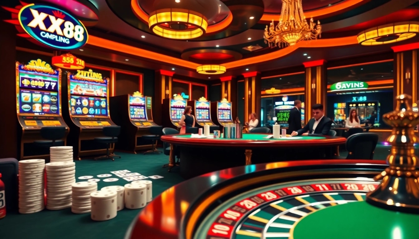 Engaging scene at XX88 online casino with thrilling poker and colorful slot machines lighting up the space.