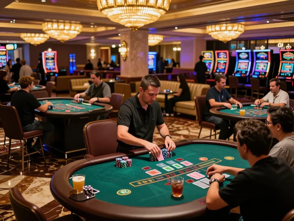 Luck8 players enjoying thrilling blackjack games at an upscale casino venue.