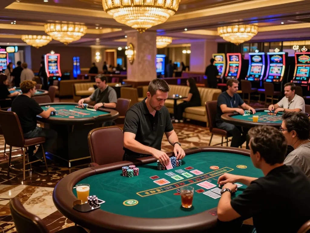 Luck8 players enjoying thrilling blackjack games at an upscale casino venue.