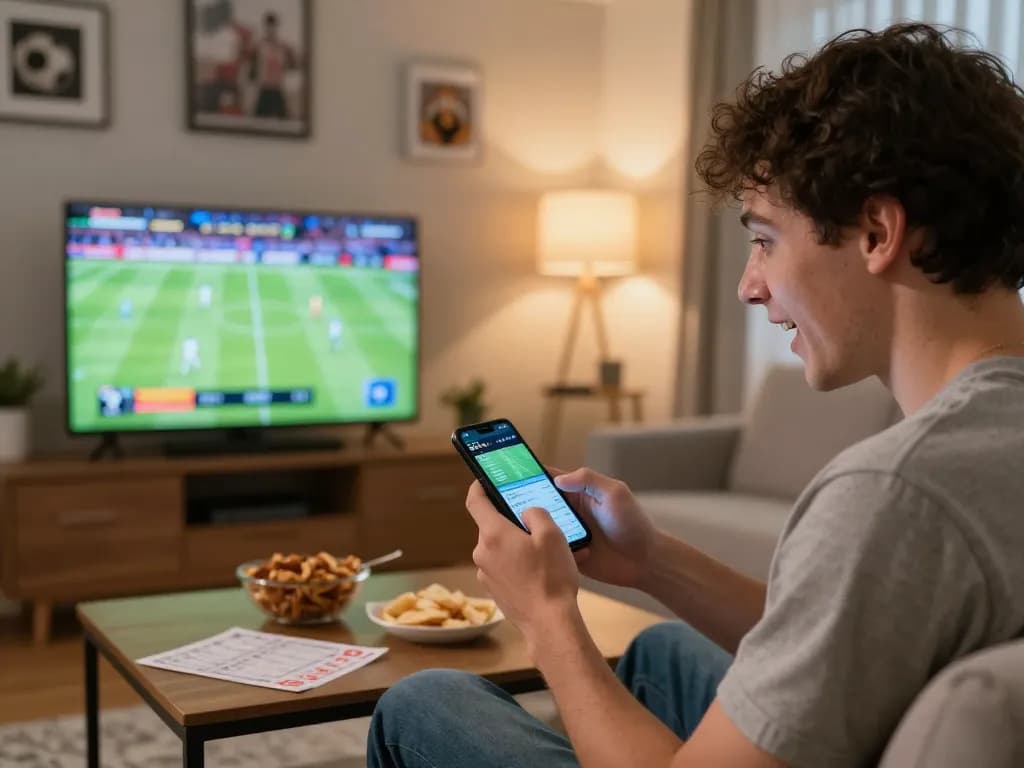 mm88 sports betting enthusiast checking odds on smartphone during a live game