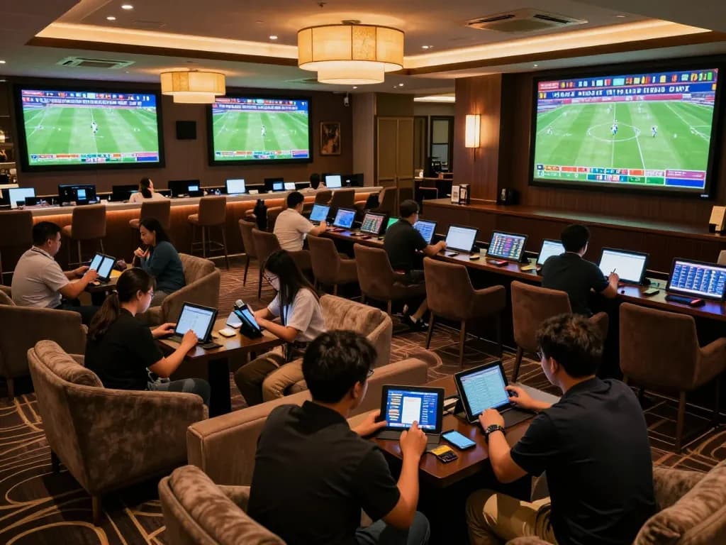 Kèo bóng đá hôm nay displayed on multiple screens in an upscale sports betting lounge with enthusiastic bettors.