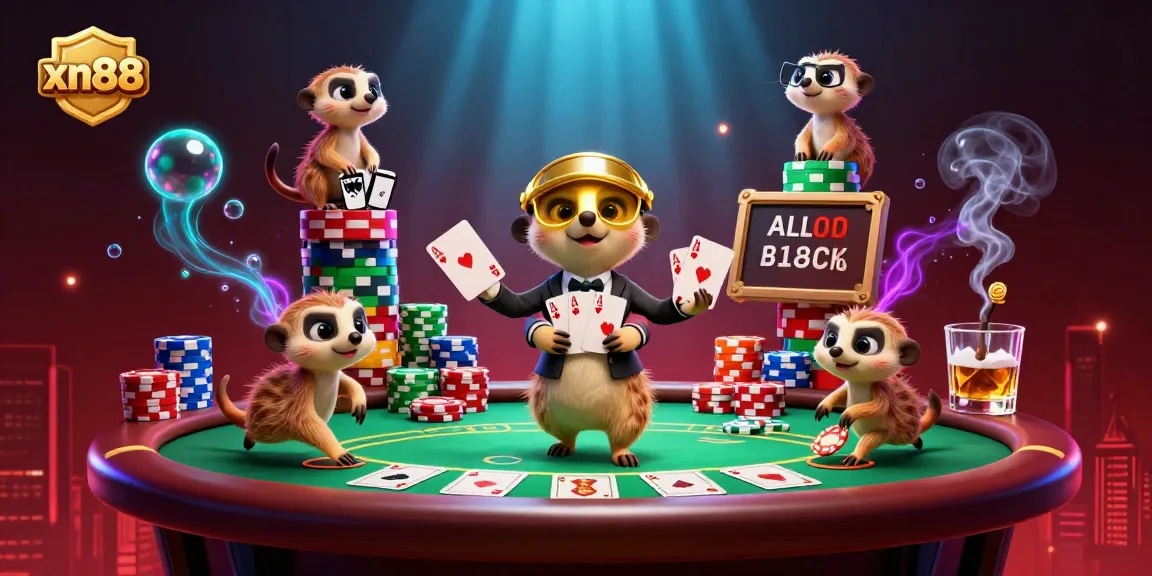 xn88 casino meerkats creating a lively atmosphere with poker elements and vibrant lights