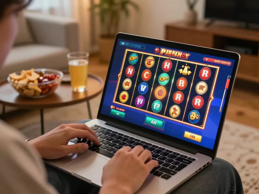 IDCASH88 player enjoying online slots with vibrant graphics in a cozy home setup.