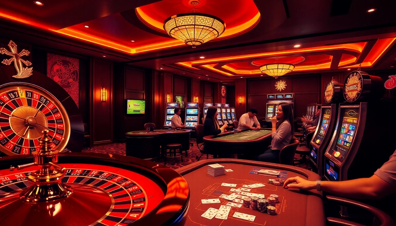 Exciting scene from nhà cái rr88 showcasing casino games with roulette, poker, and vibrant slot machines.
