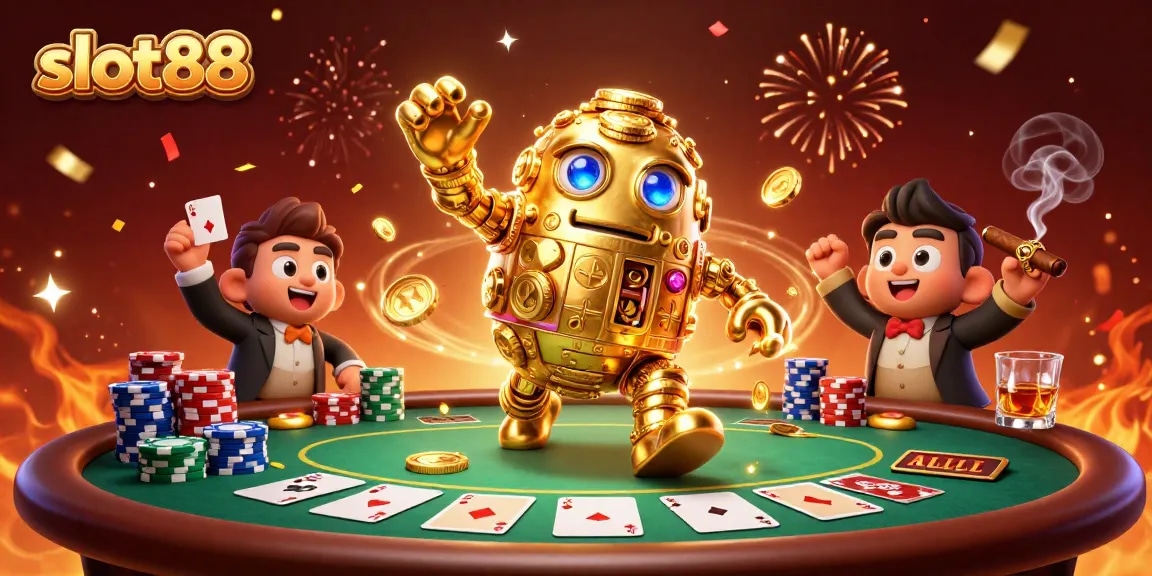 Menang dengan slot88, simbol mesin slot dan koin emas mengelilingi karakter golem berkilau.