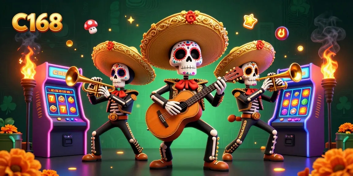 C168 slots scene with vibrant mariachi characters amidst 3D games, jackpots, and golden elements