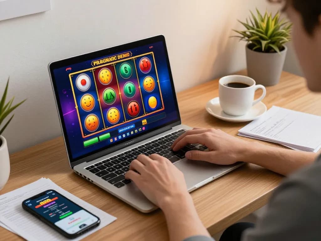 Engaging in Pragmatic Demo slot gameplay on a stylish laptop in a warm home office