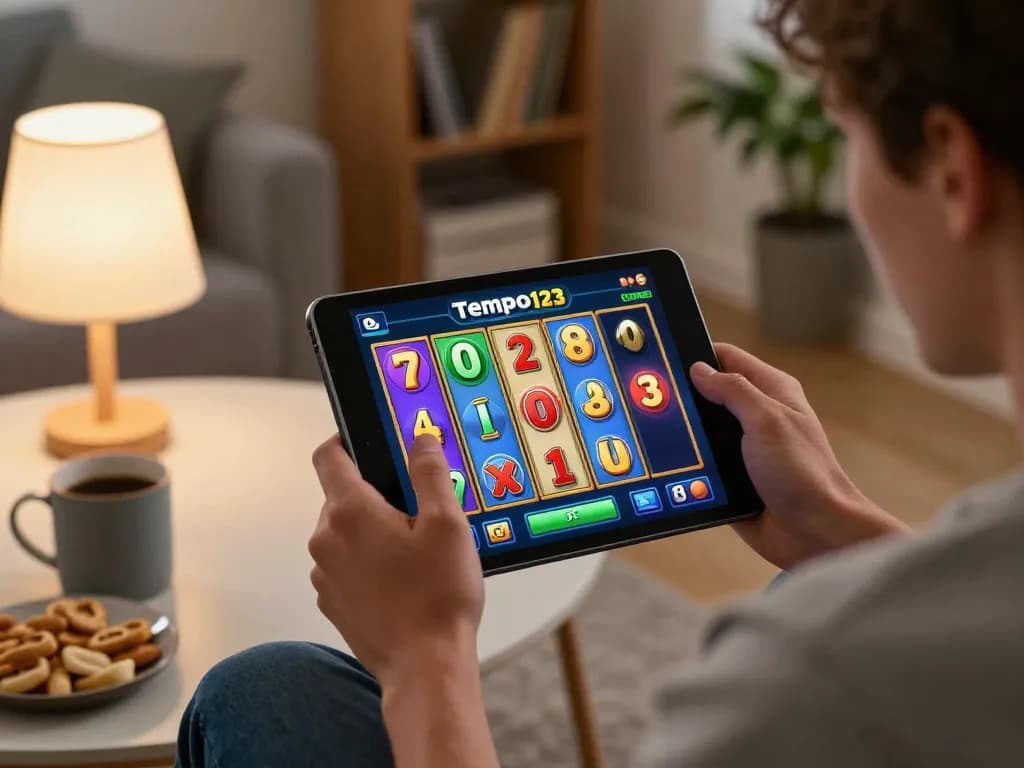 Engaging and exciting moment playing Tempo123 Slot on tablet, reflecting a winning experience in a cozy home.
