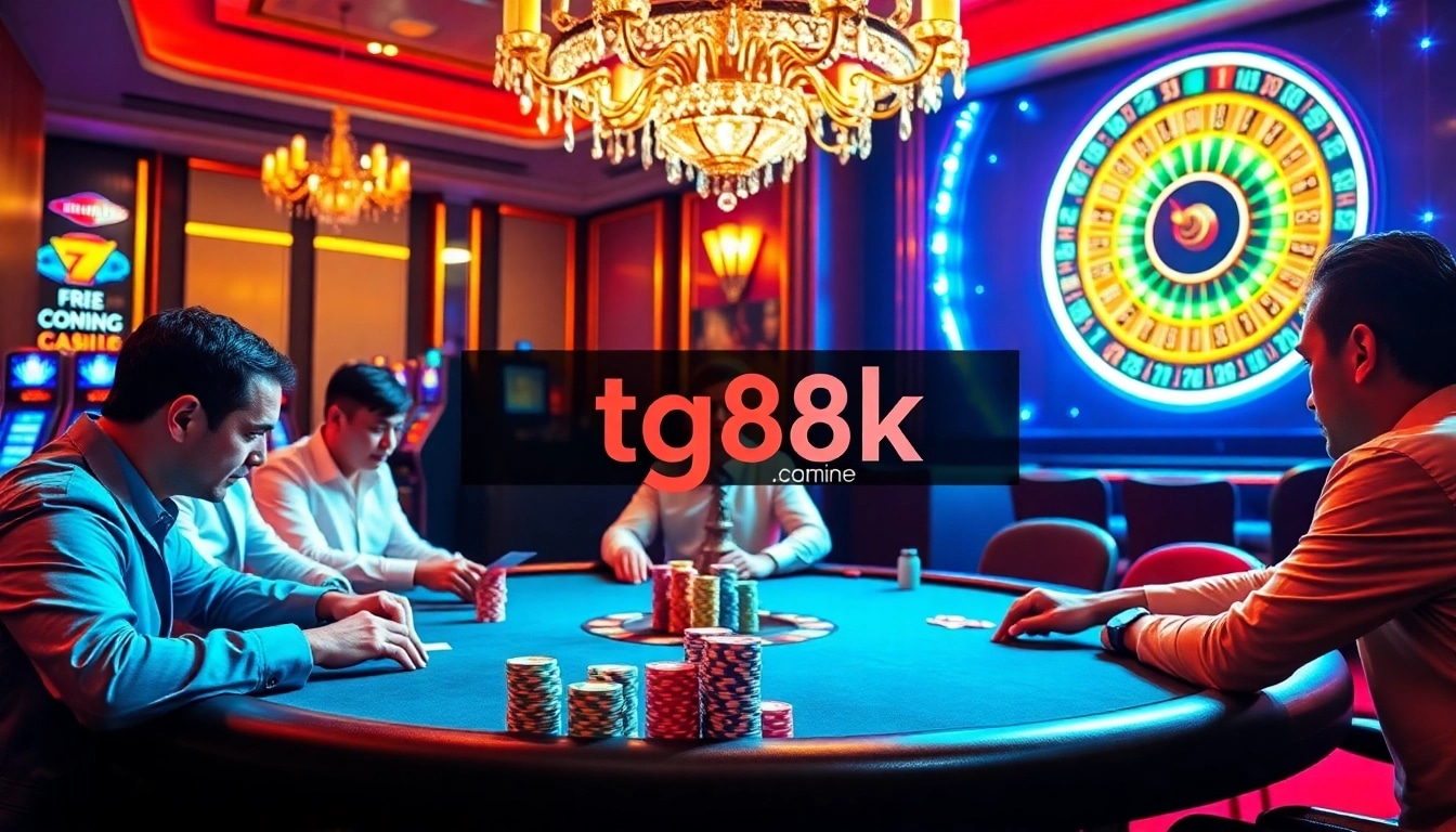 Exciting casino scene featuring poker players at a table with chips and cards, highlighting https://tg88k.online/ for gambling fun.