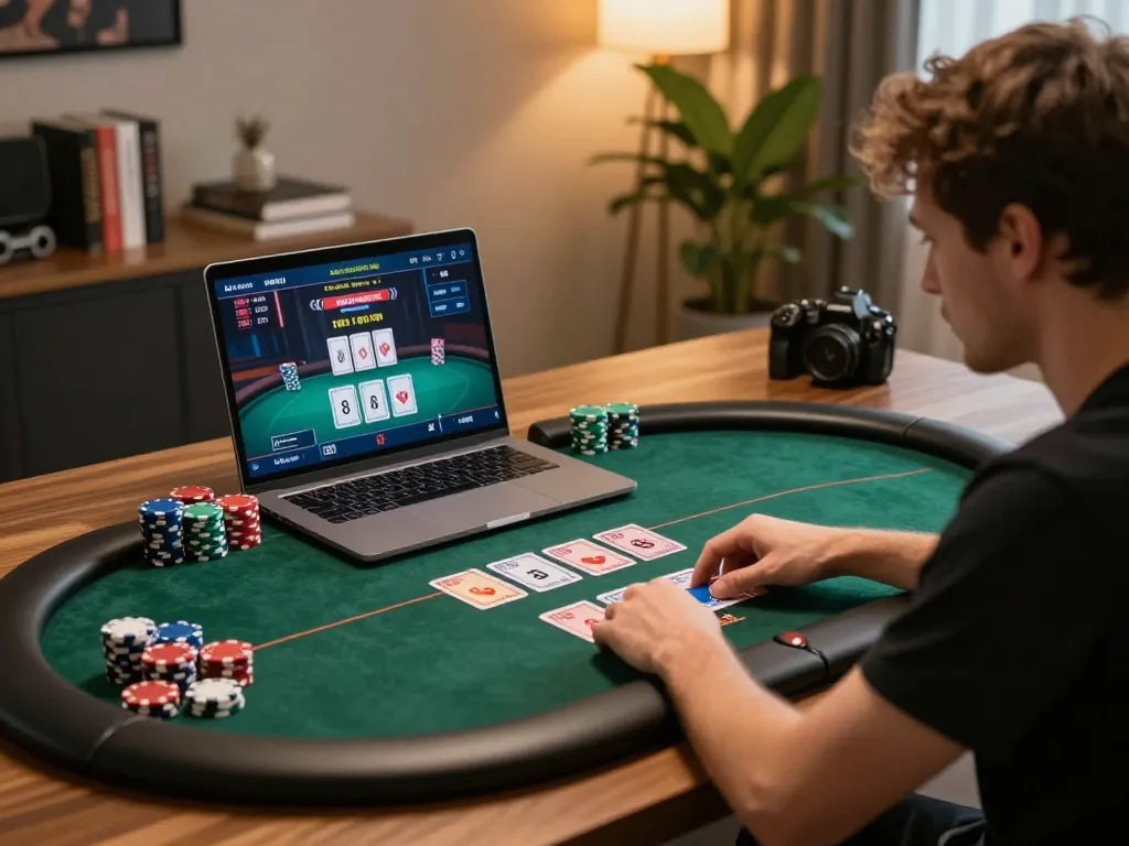 Player engrossed in an online poker game at F168, showcasing chips and cards on laptop.