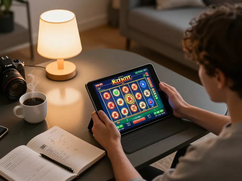 Player enjoying kdslot gaming on a tablet in a cozy living room