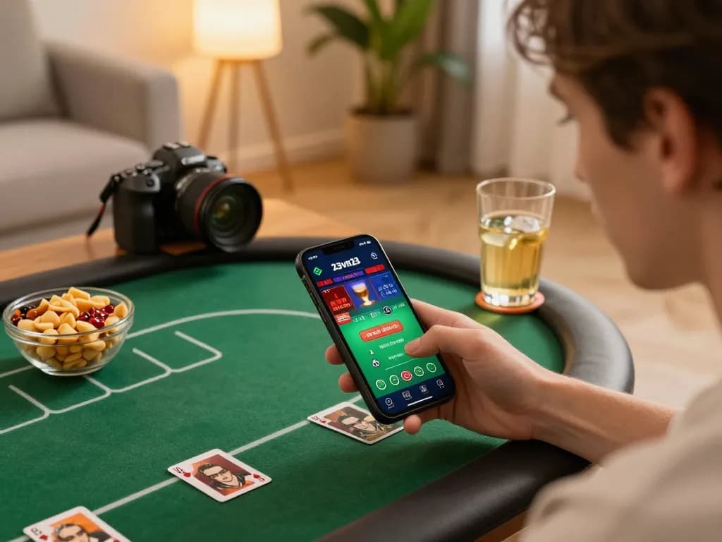 Player engaging with 23vn23 casino app on smartphone, enjoying strategic gameplay in a cozy home setting.