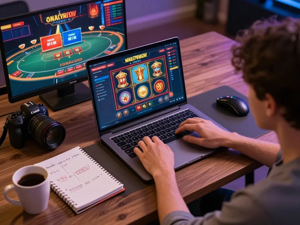 Win88 player enjoying online gaming with vibrant slots interface and strategic notes.