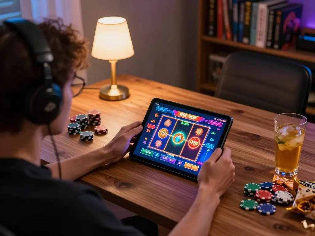 Engaging in rich gameplay on the rik vip casino app, showcasing vibrant slot interface and cozy home setting.