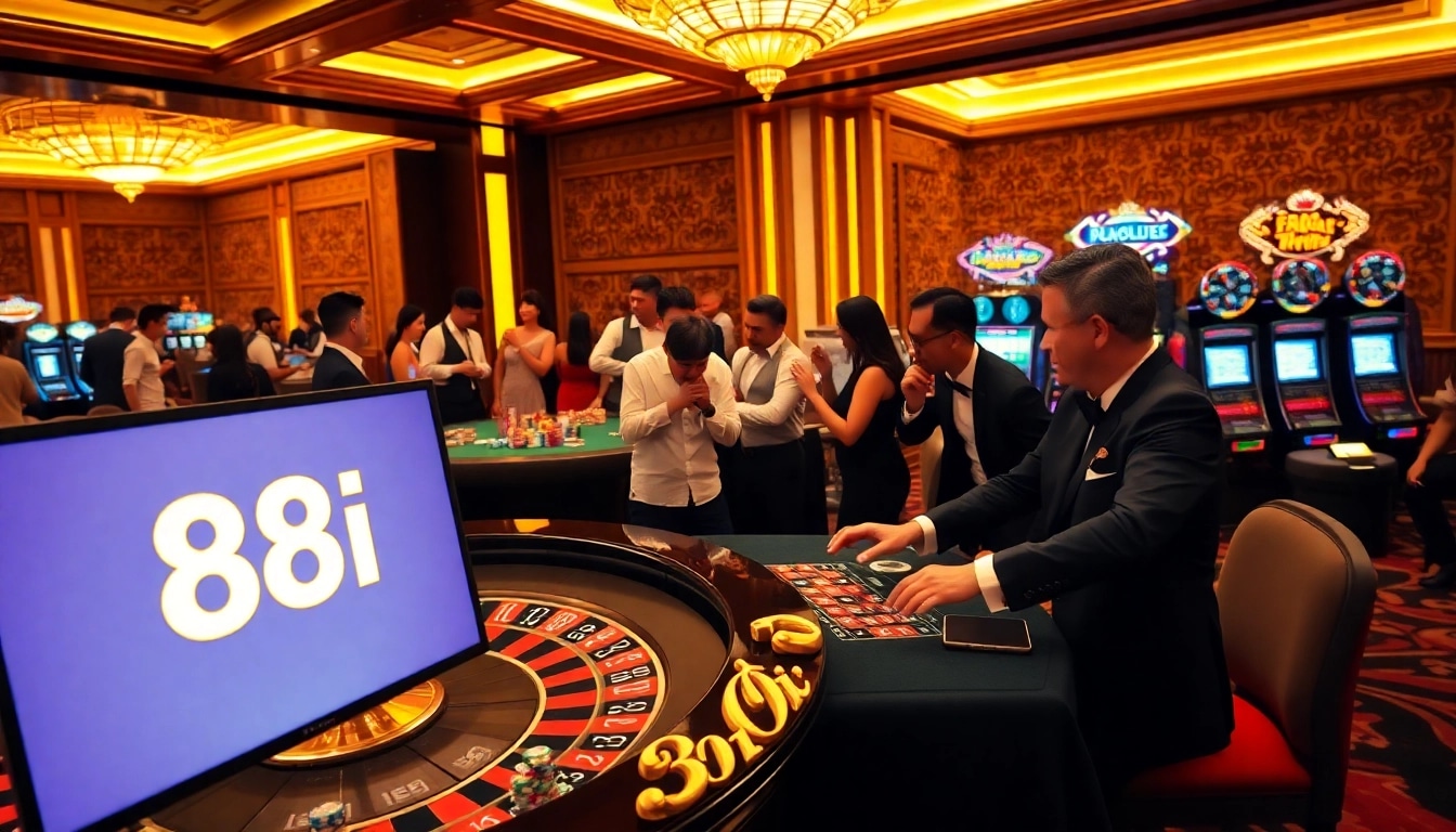 Players enjoying high-stakes gaming at a luxurious casino table with the 88i logo.