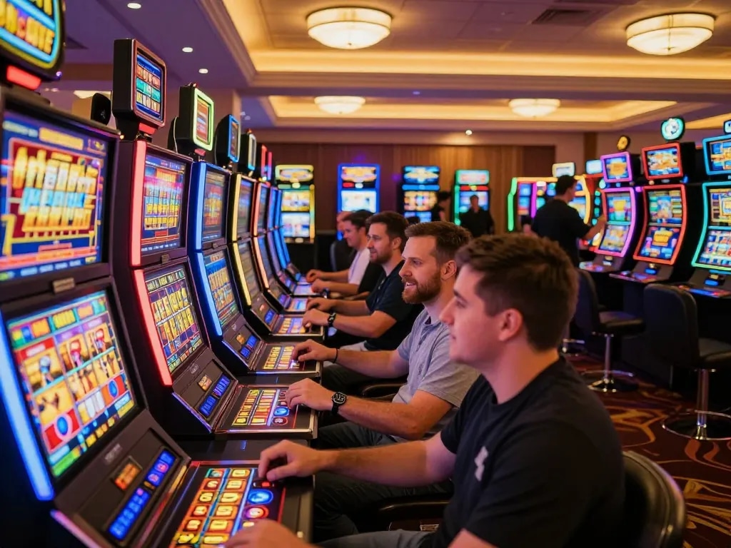 Experience thrilling gameplay at 32win's slot machines with engaging players and vibrant lights.