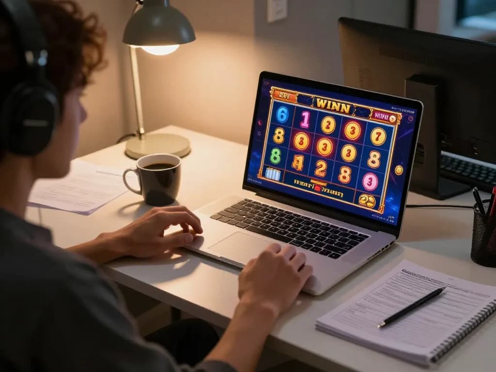 Engaging with situs slot games on a laptop while strategizing with notes and coffee.