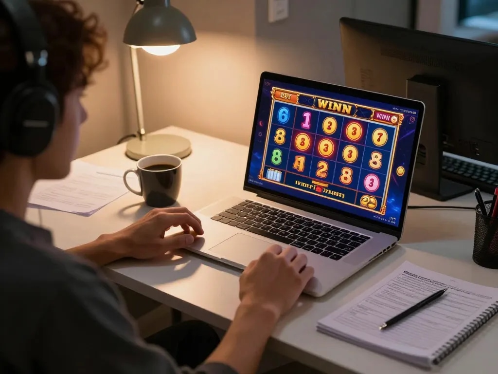Engaging with situs slot games on a laptop while strategizing with notes and coffee.