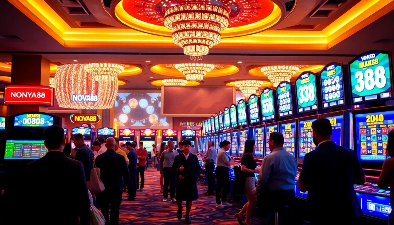 Engaging players enjoying the Nova88 lottery experience inside a vibrant casino setting.