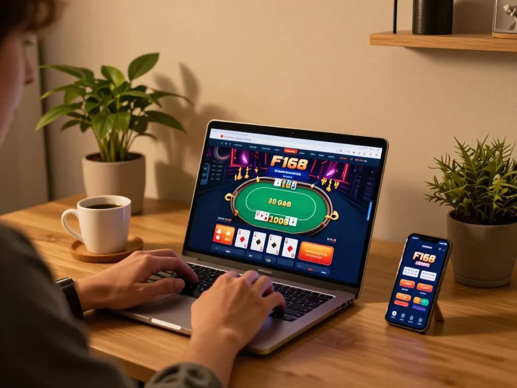 Player engaging with the F168 platform via laptop, showcasing an immersive online gambling experience