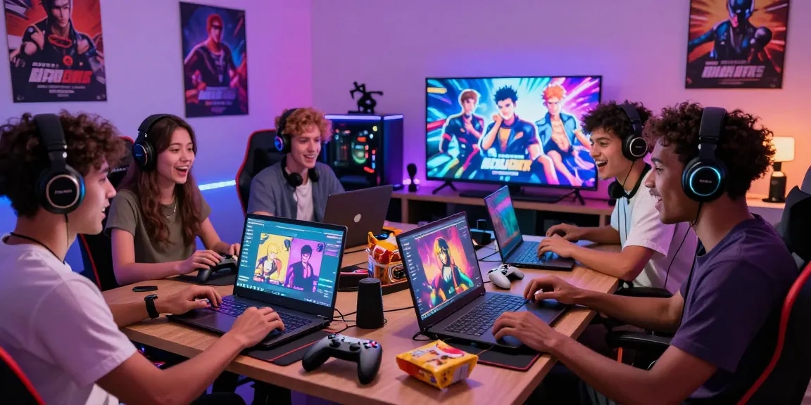 Group enjoying gay hentai game in a vibrant gaming room with LED lights and joyful atmosphere.