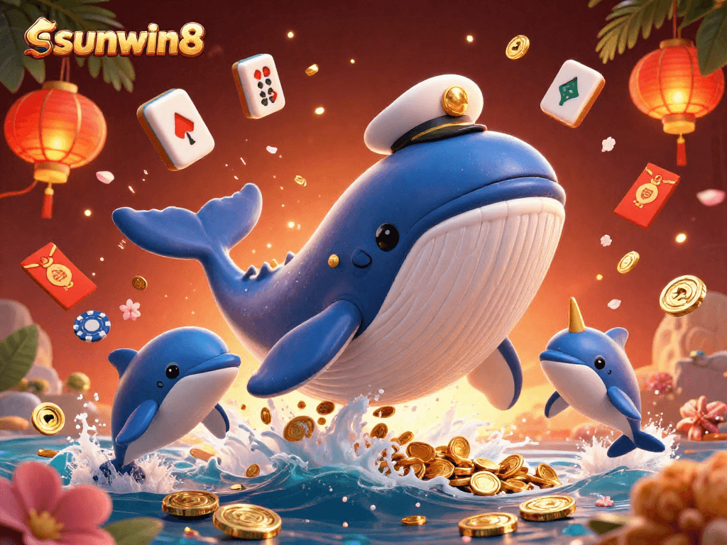 Enjoy thrilling adventures at sunwin8 with a giant whale, narwhal, and dolphins showcasing winning tricks.
